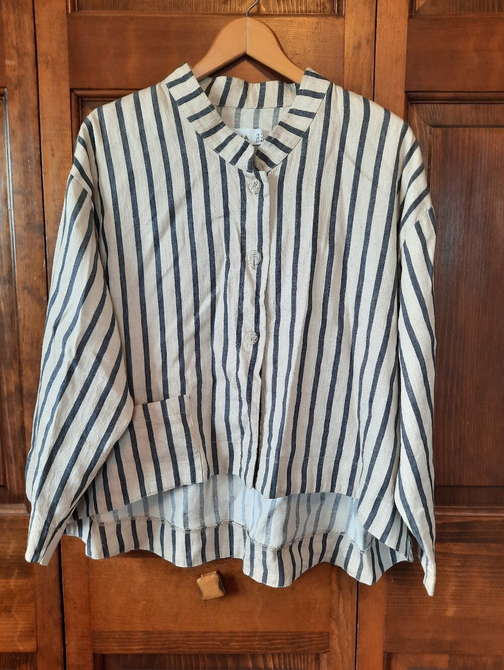 Luukaa Cropped Cotton Linen Blend Angel Jacket Navy Beige Striped Size 16